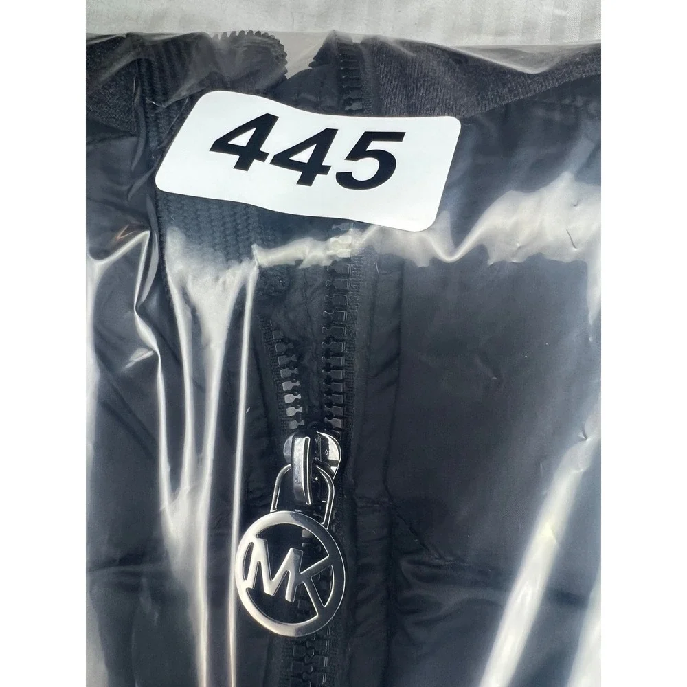 Michael Kors Womens Hybrid Puffer Jacket Black Gray Hooded‎ Thumbholes Large